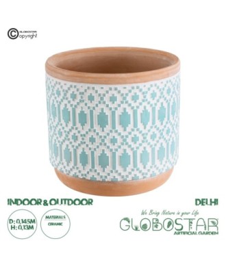 GloboStar® Artificial Garden DELHI 20523 Διακοσμητικό Κεραμικό Κασπώ Γλάστρα - Flower Pot Γαλάζιο με Λευκό και Μπεζ Φ14.5 x Υ13cm